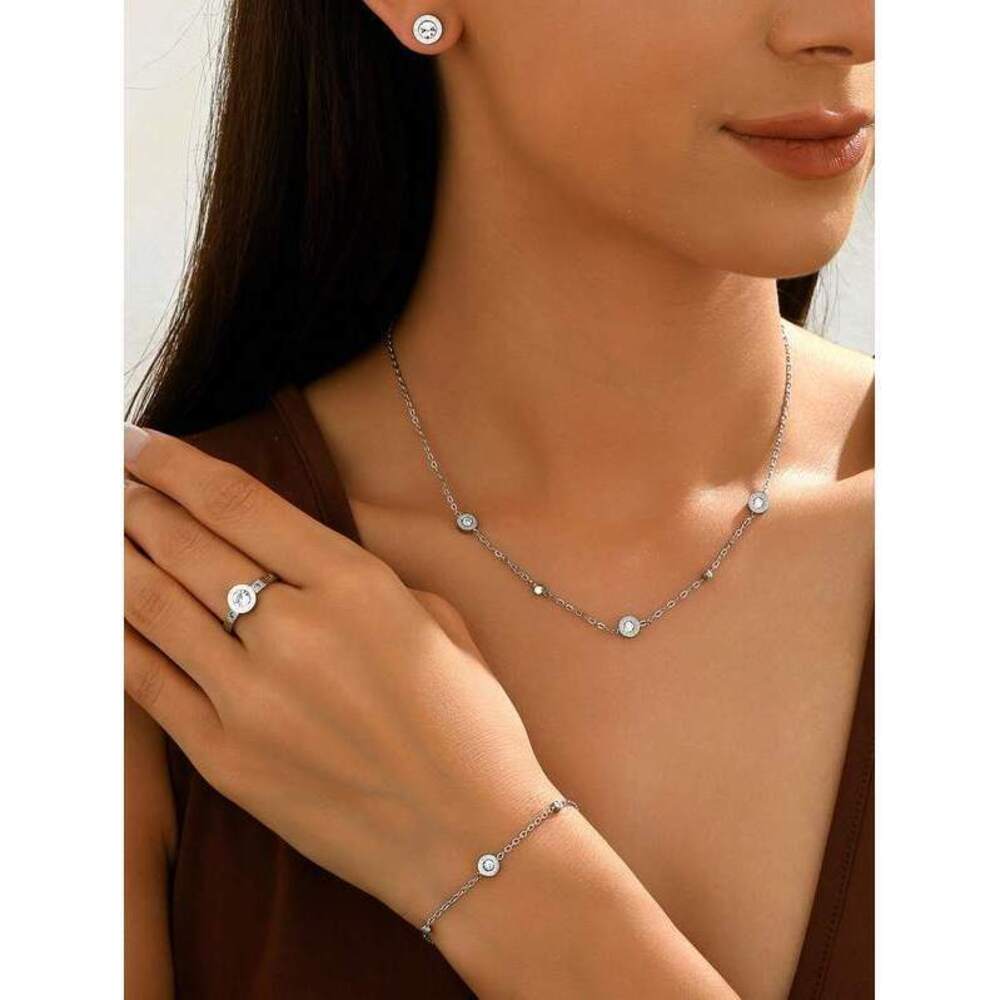 Roman Numeral Titanium Steel With Crystal Bracelet, Necklace Gift Minimalist